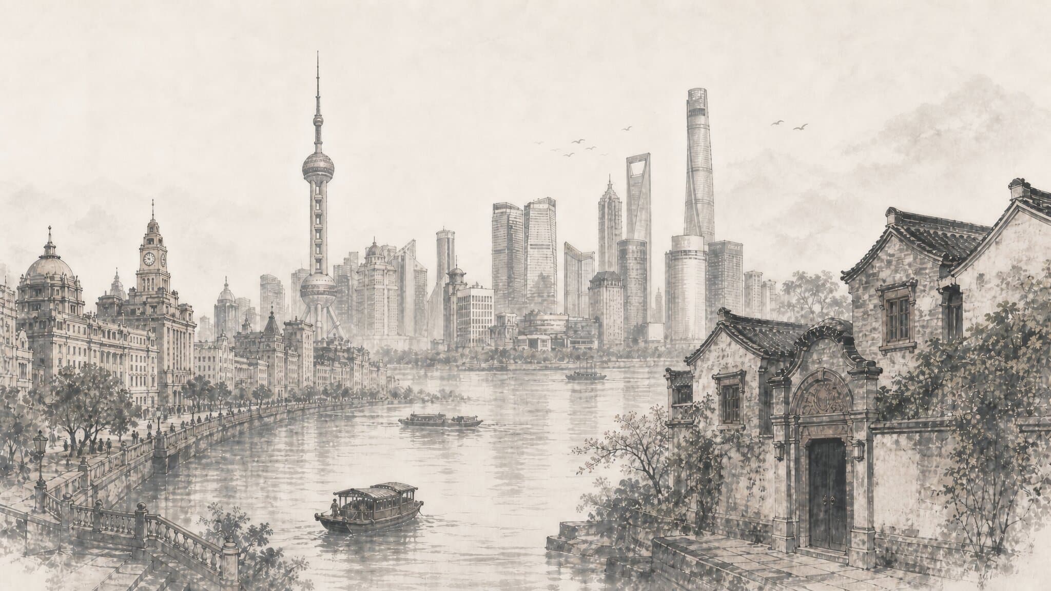 Ink-wash painting of Shanghai