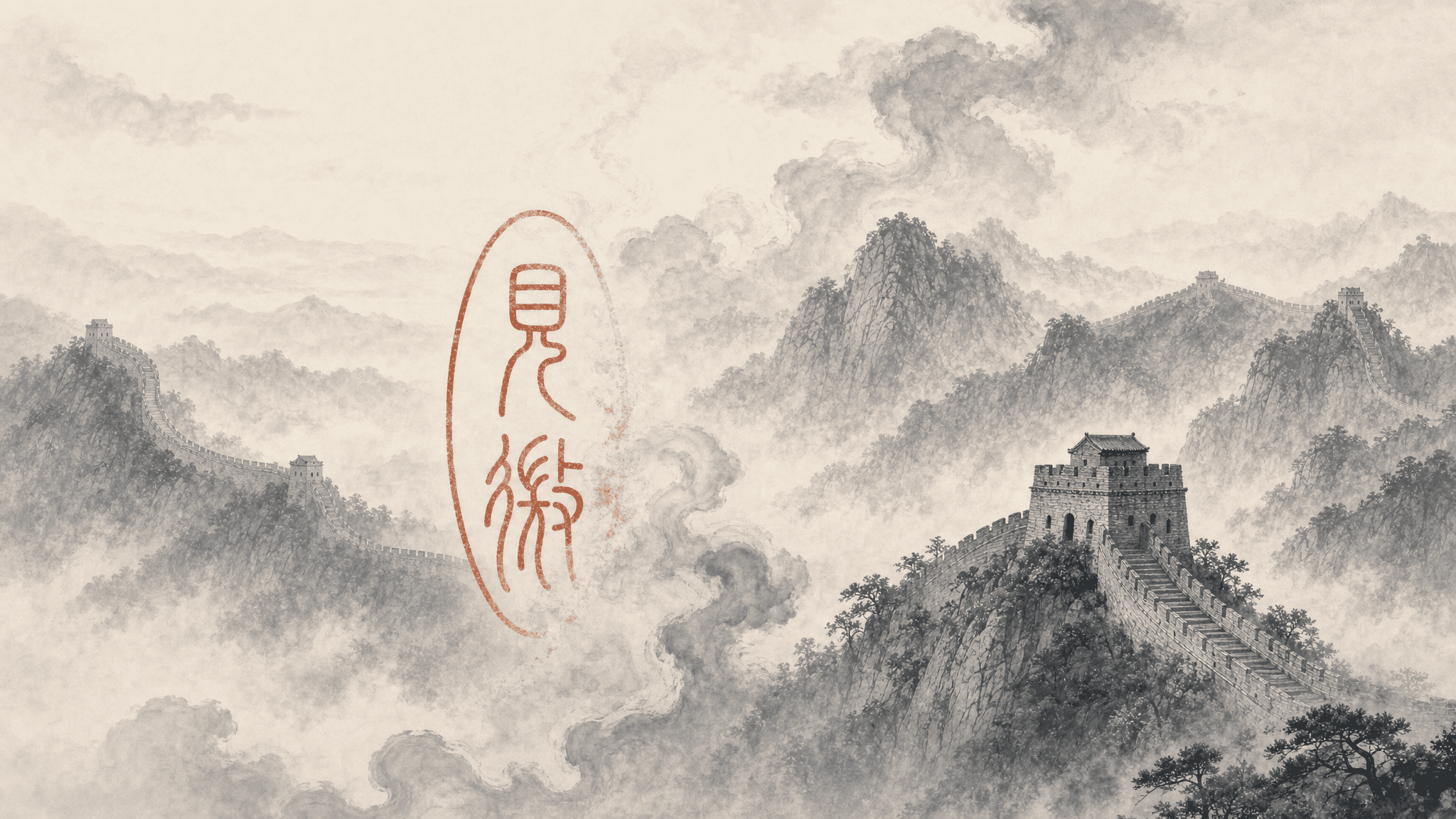 Ink painting of the Great Wall winding above a sea of clouds at sunrise